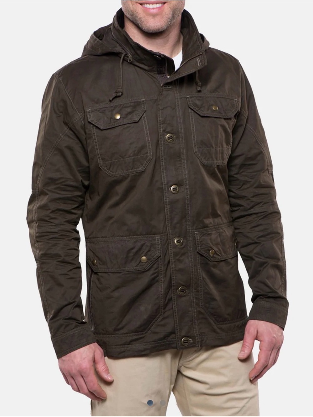 KÜHL Kollusion Men's Waxed Canvas Hooded Utility Field Cargo Jacket Brown  Sz L